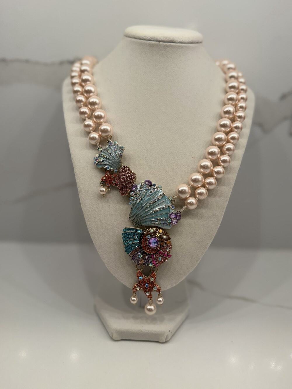 Coastal Seashell Necklace Signed “DreJew” Rhinestone Starfish Double Strand